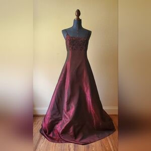 Burgundy Embroidered Bodice Prom Gown
